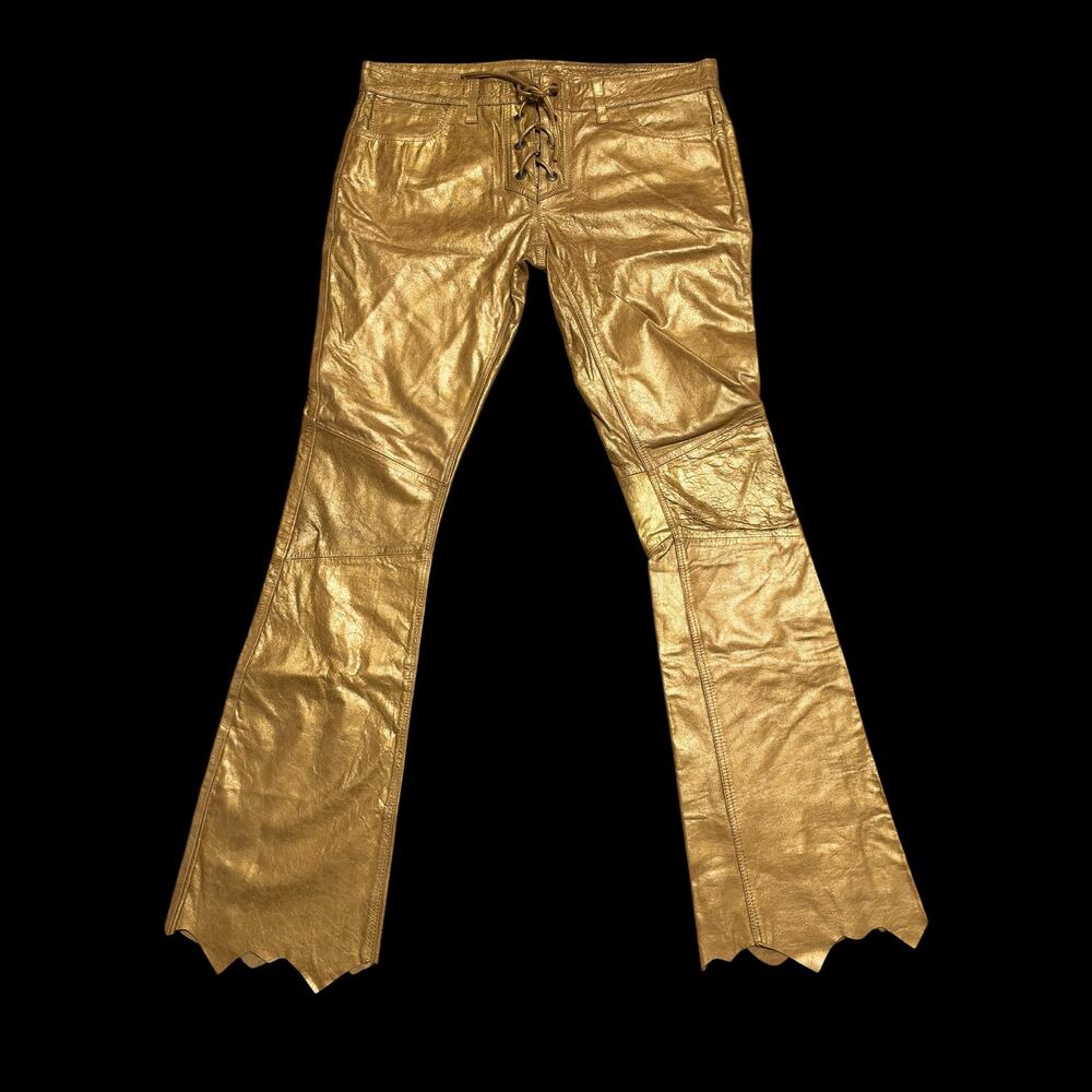 NWOT Fire Kult Leather Pants Gold Metallic Lace Up Flare Low Rise 34